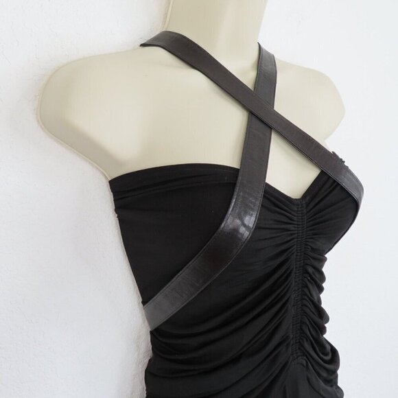 Donna Karan Medium Black Strapless Ruched Dress Leather Straps Union Made VTG - Picture 2 of 12